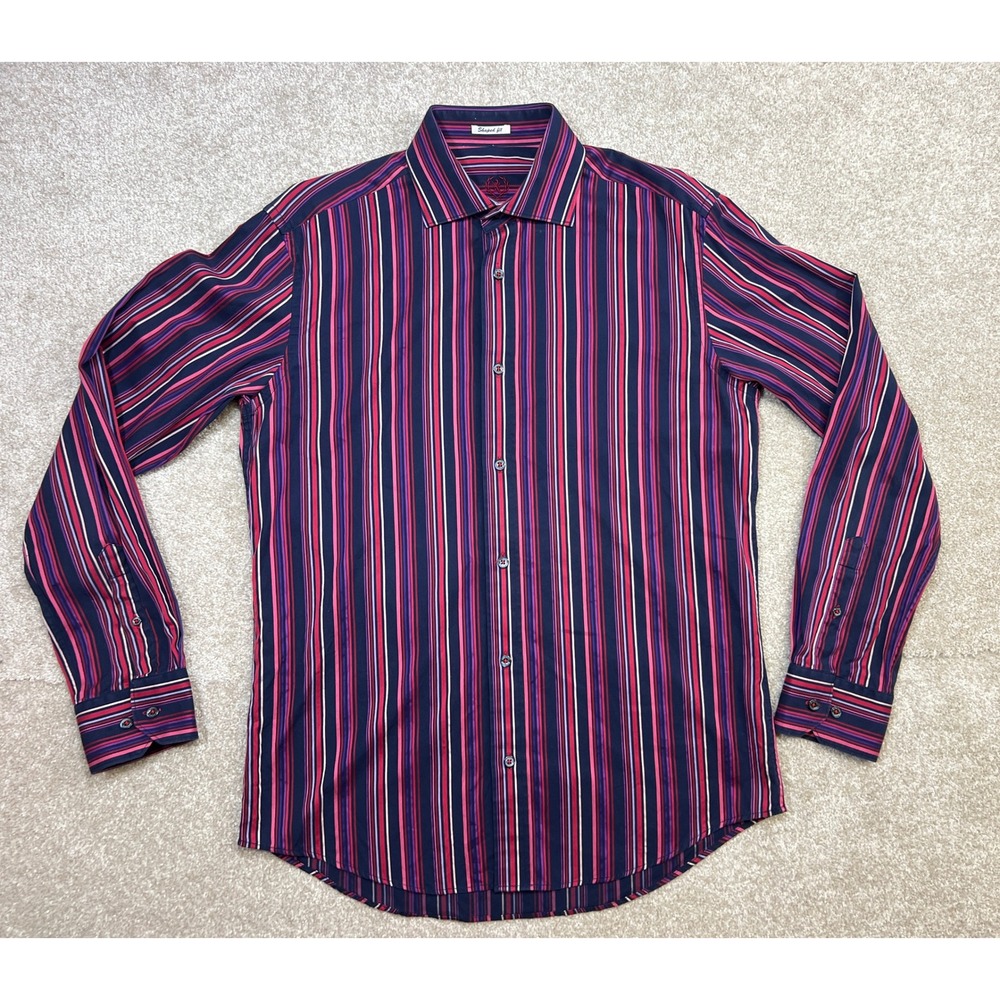 Bugatchi Uomo Mens Striped Dress Shirt Shaped Fit Long Sleeve Button Down *Read